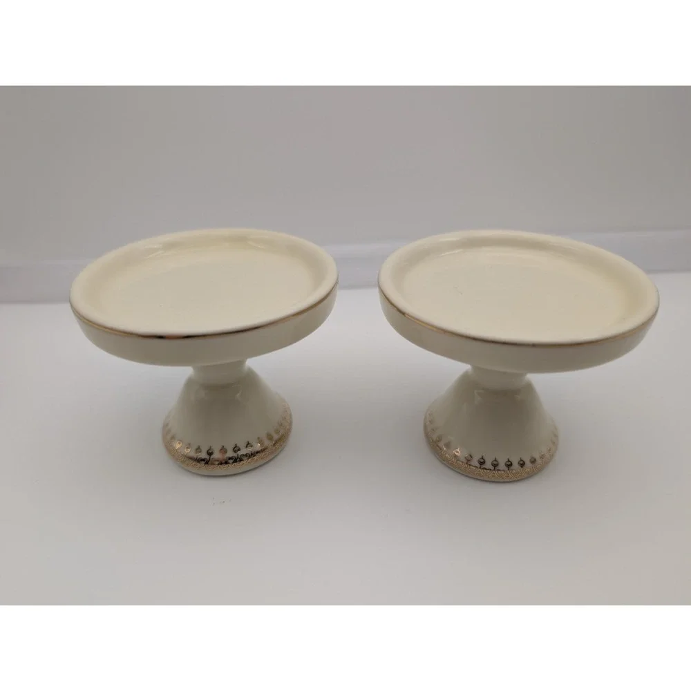 Victorian Trading Co Ceramic Mini Cupcake Stands Candle Holders VTC Pair Gold